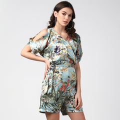 Women's Blue Satin Floral Playsuit