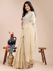 Elegant Cream Cotton Saree – Timeless Charm with Floral Detailing