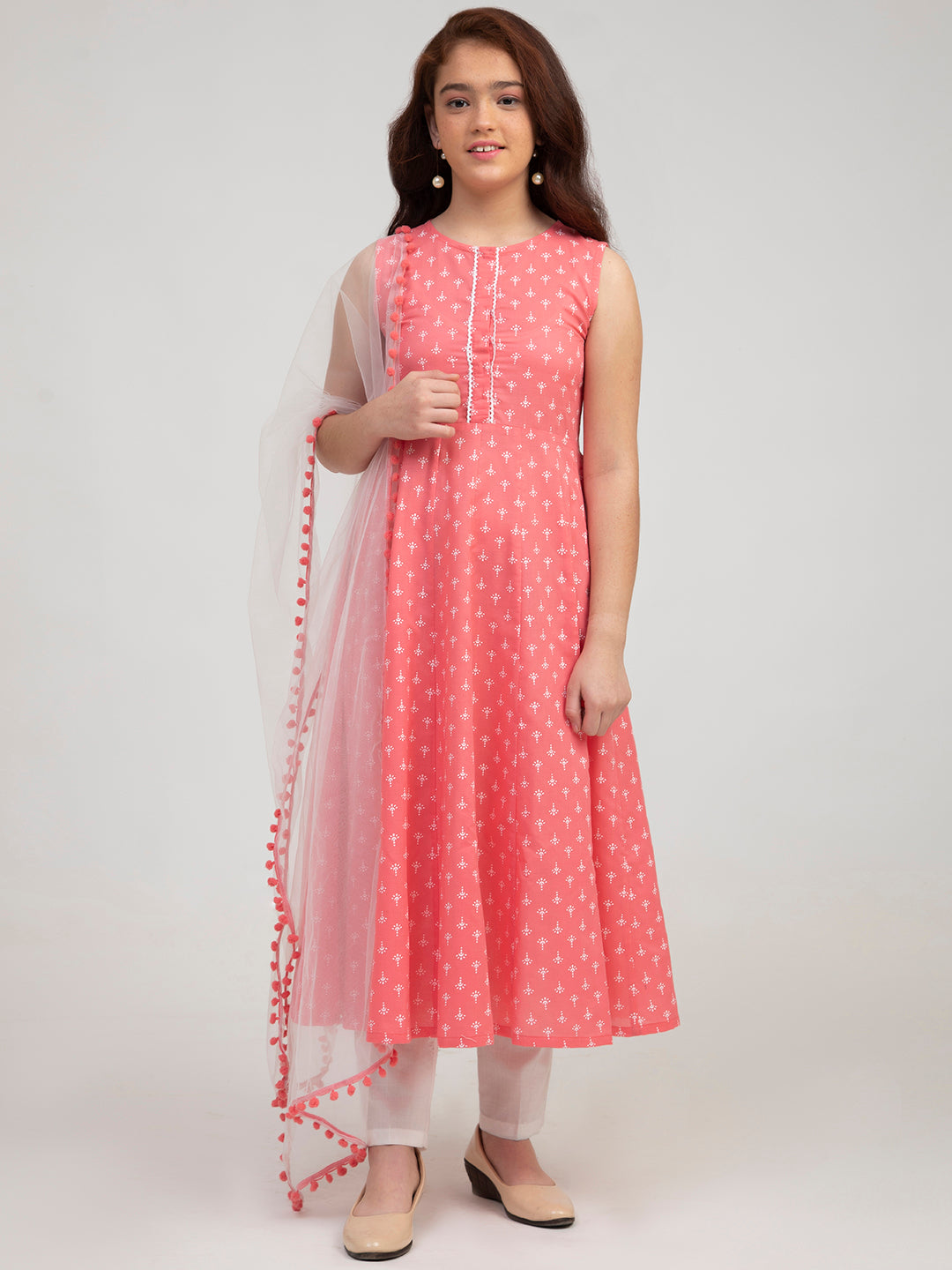 cotton Woven Sleeveless Floral Print Flared Kurta And Palazzo With Dupatta Set - Peach