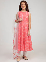 cotton Woven Sleeveless Floral Print Flared Kurta And Palazzo With Dupatta Set - Peach
