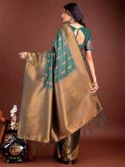 Teal Blue Linen Cotton Saree with Golden Zari Leaf Woven Design & Rich Pallu – Festive Wear | Office Look | Soft Drape