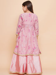 Girls Pink Floral Printed Shrug & Ready to Wear Lehenga With Blouse.