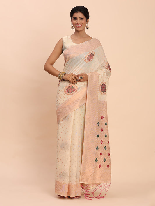 Elegant Off White Linen Cotton Saree with Woven Pallu, Big Butta Work & Tassels – Office & Festive Wear
