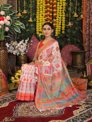 Off White Linen Cotton Saree with Multicolor Ethnic Print – Soft & Lightweight Saree for Festive, Daily, and Office Wear