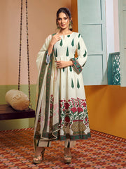 Off White Floral Printed Anarkali Flared Kurta with Palazzos Dupatta.