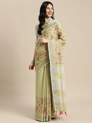 Royal Beige Linen Cotton Saree with Vibrant Floral Zari Border | Premium Festive & Party Collection