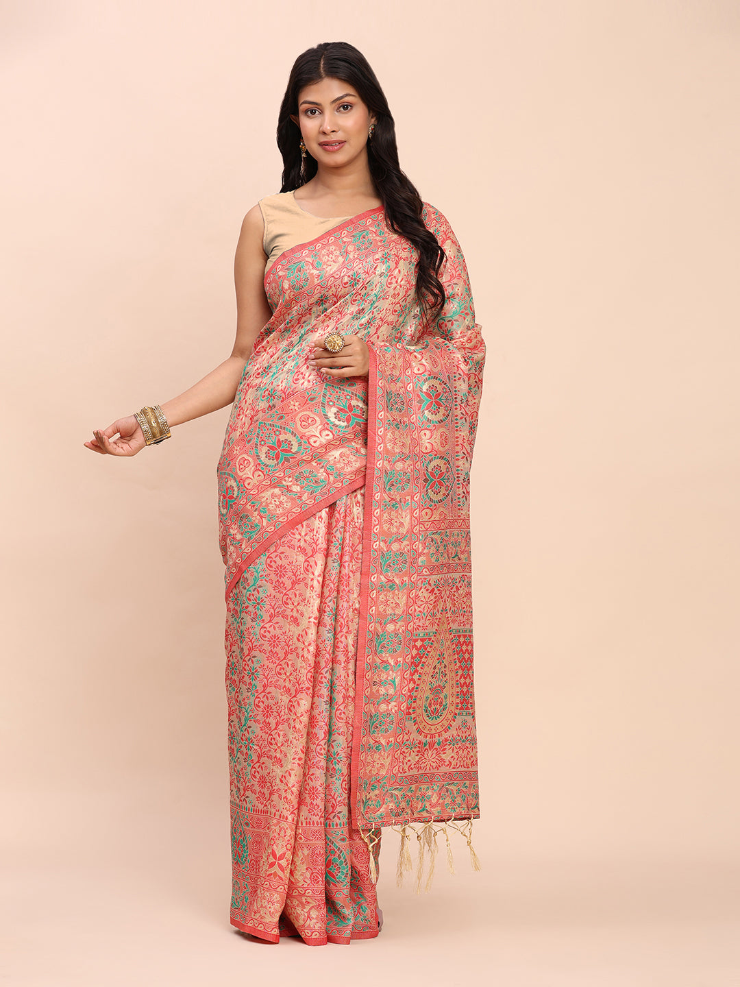 Elegant Jacquard Linen Cotton Saree with Traditional Multicolor Weave & Tassel Pallu - Festive & Casual Wear for Women
