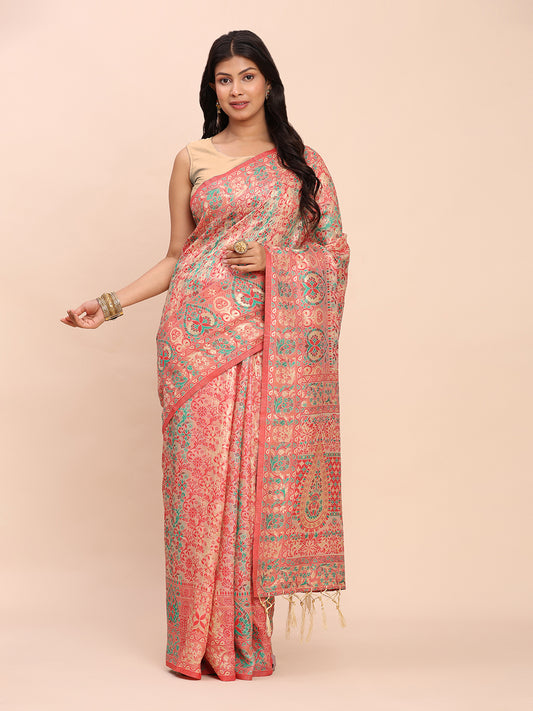 Elegant Cream Jacquard Linen Cotton Saree with Traditional Multicolor Weave & Tassel Pallu – Festive & Casual Wear for Women