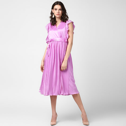 Women's Lavender Satin Pleating Evening Midi Dress