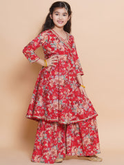 Girls Red Floral Printed Angrakha Kurta with Sharara