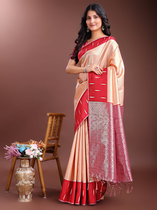 Orange & Maroon Lichi Silk Saree with Rich Zari Pallu & Tassels – Soft Festive Wear Saree for Women