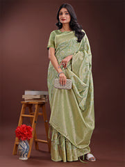Peach Pink Linen Cotton Saree with Golden Zari Leaf Design & Elegant Pallu – Festive | Office | Daily Wear