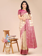 Graceful Cream and Navy Blue Silk Saree – Traditional Elegance with Royal Charm