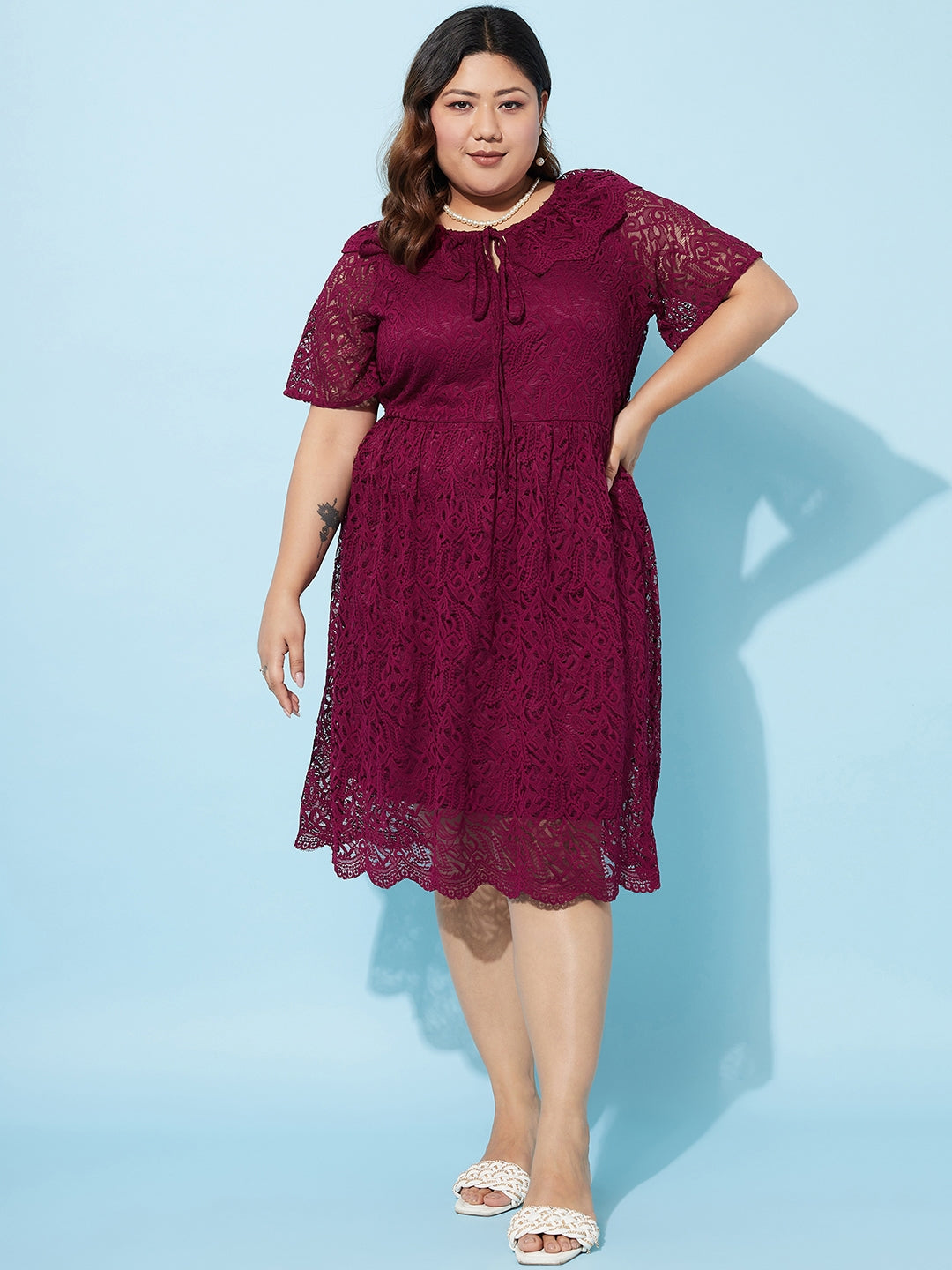 Plus Size Tie-Up Neck Lace Fit & Flare Dress