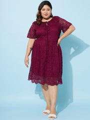 Plus Size Tie-Up Neck Lace Fit & Flare Dress