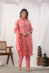 Women Peach  Floral Printed Embroidered Kurta Paired With Chevron Printed Bottom And Dupatta