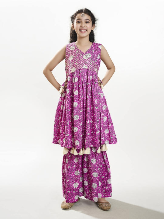 Girls purple Angrakha Gotta Patti Kurta with Sharara