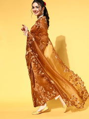 MITERA Women's Organza Brown Embroidered CelebritySaree With Blouse Piece