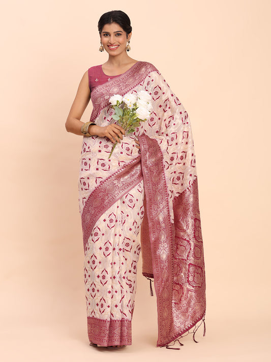 Premium Cream Linen Cotton Saree with Purple Pallu & Contrast Blouse Piece