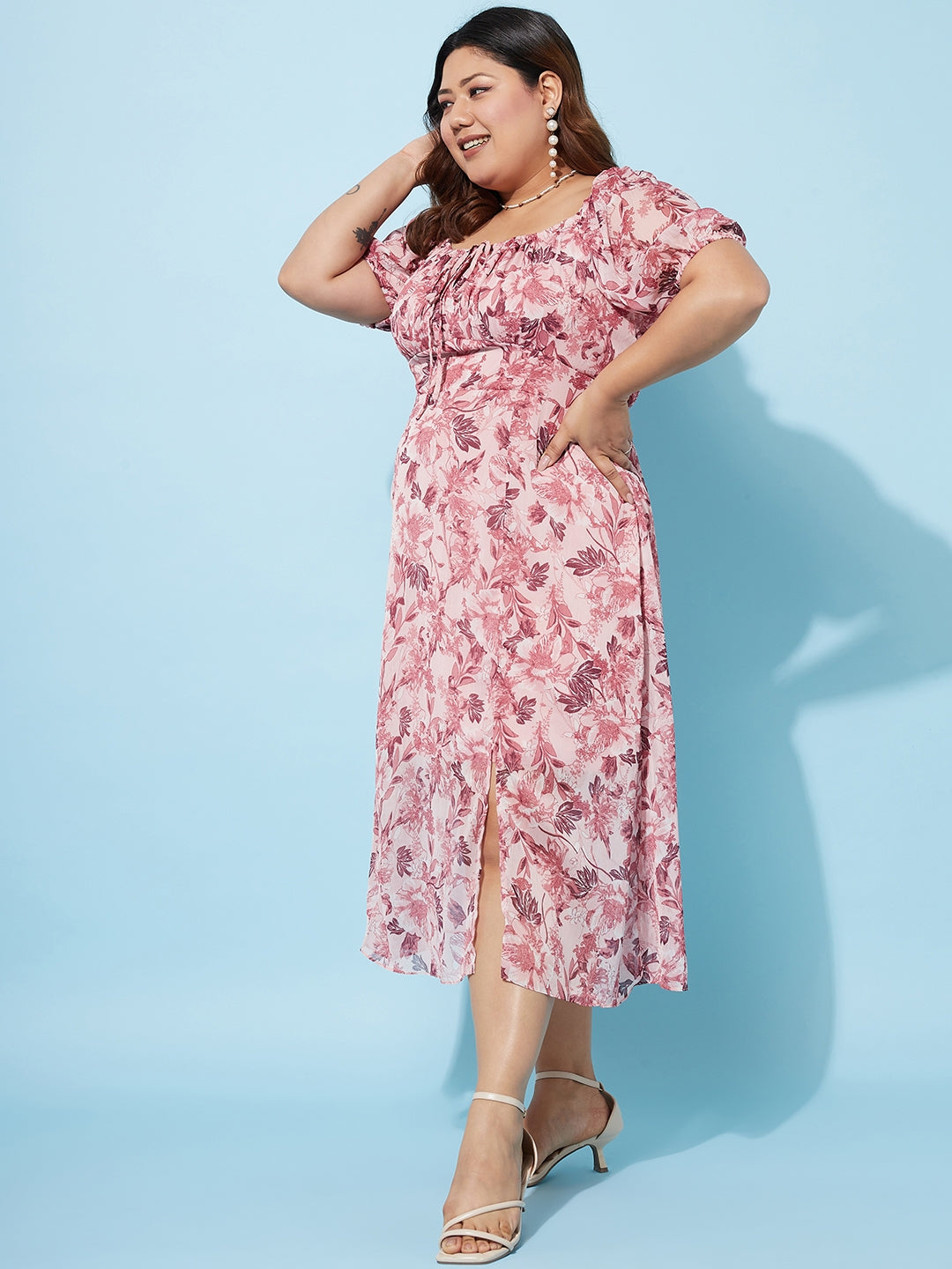 Plus Size Floral Print Chiffon Empire Midi Dress