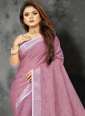 Elegant Peach Woven Linen Saree with Contrast Zari Border & Tassels – Soft & Breathable Party Wear