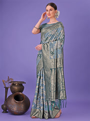 Elegant Green Floral Lichi Silk Saree with Zari Weaving and Rich Pallu – Wedding & Festive Wear Saree