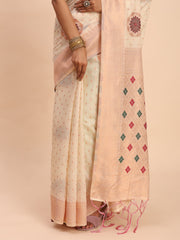 Elegant Linen Cotton Saree with Woven Pallu, Big Butta Work & Tassels - Office & Festive Wear