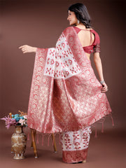 White & Maroon Woven Linen Cotton Saree with Rich Zari Border – Soft Festive Wear Saree for Women