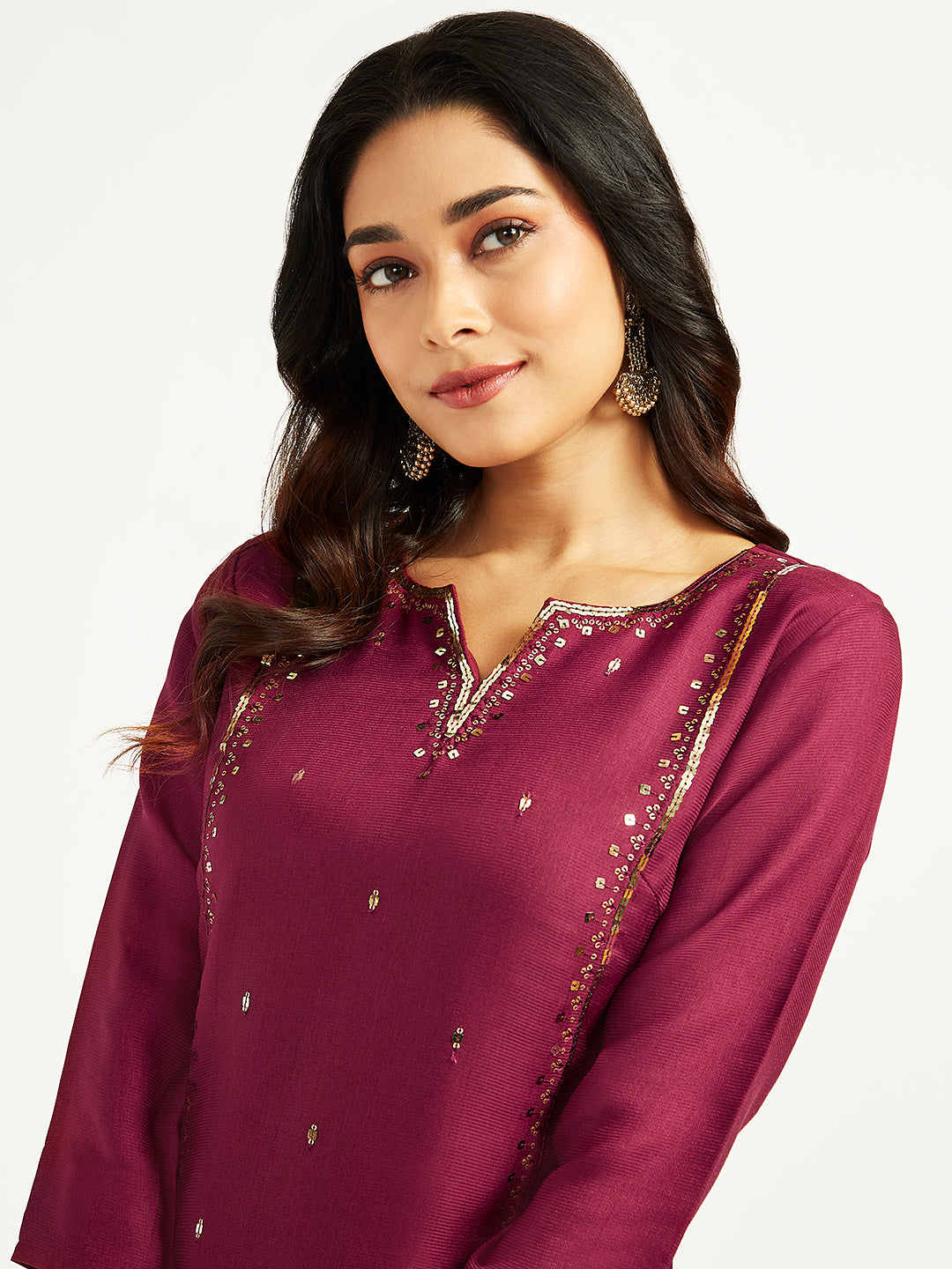 Women's Wine Kurta And Pant Set.