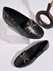 Shoetopia upper Buckle Detailed Black Loafers For Women & Gilrs
