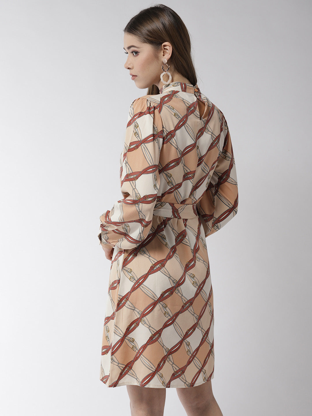 StyleStone Women's Brown Polyester Belt Print Manderin Collar Dress with belt