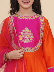 Solid Three-Fourth Sleeves Above Knee Length Silk Kurta & Trousers With Dupatta - Orange