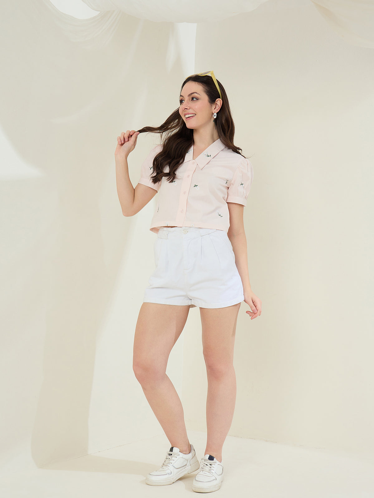 Women's Peach embroidered Shirt with Long Pointed Collar