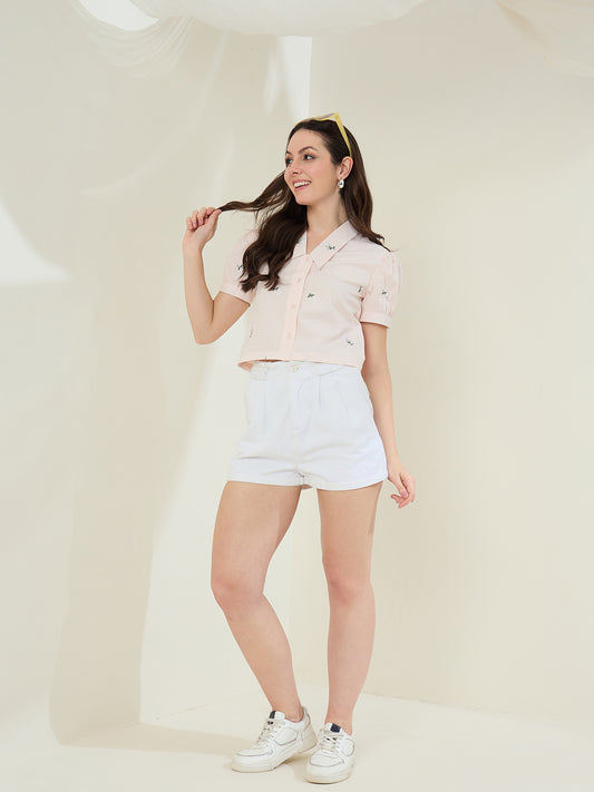 Women's Peach embroidered Shirt with Long Pointed Collar