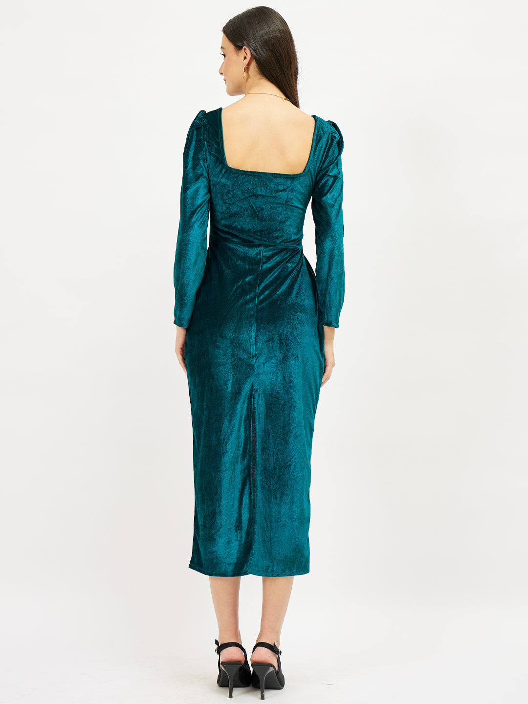 Puff Sleeve Velvet Sheath Midi Dress