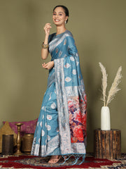 Green Floral Linen Cotton Saree with Zari Border & Digital Printed Pallu – Elegant Sari for Festive Occasions