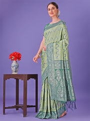 Cream & Green Lichi Silk Saree with Rich Woven Border and Zigzag Pattern – Wedding & Festive Wear
