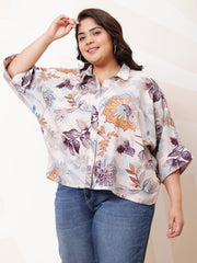 Plus Size Floral Print Kimono Sleeve Linen Shirt Style Top
