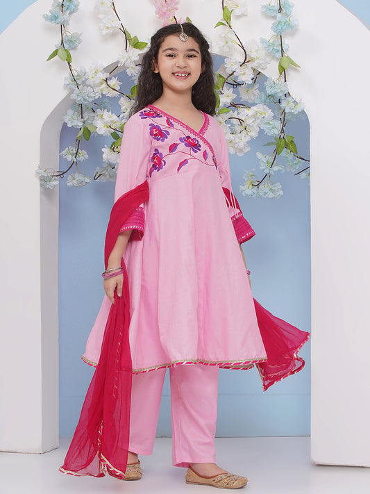Girls Pink Embroidered Angrakha Kurta with Trousers with dupatta