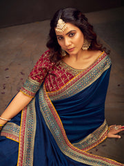 Women's Vichitra Silk Teal blue Embroidered Designer Saree With Blouse Piece