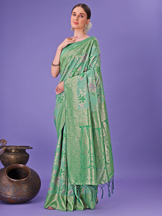 Elegant Green Floral Lichi Silk Saree with Zari Weaving and Rich Pallu – Wedding & Festive Wear Saree