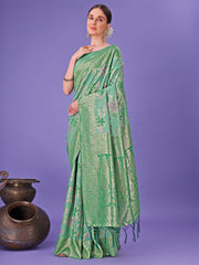 Elegant Green Floral Lichi Silk Saree with Zari Weaving and Rich Pallu – Wedding & Festive Wear Saree