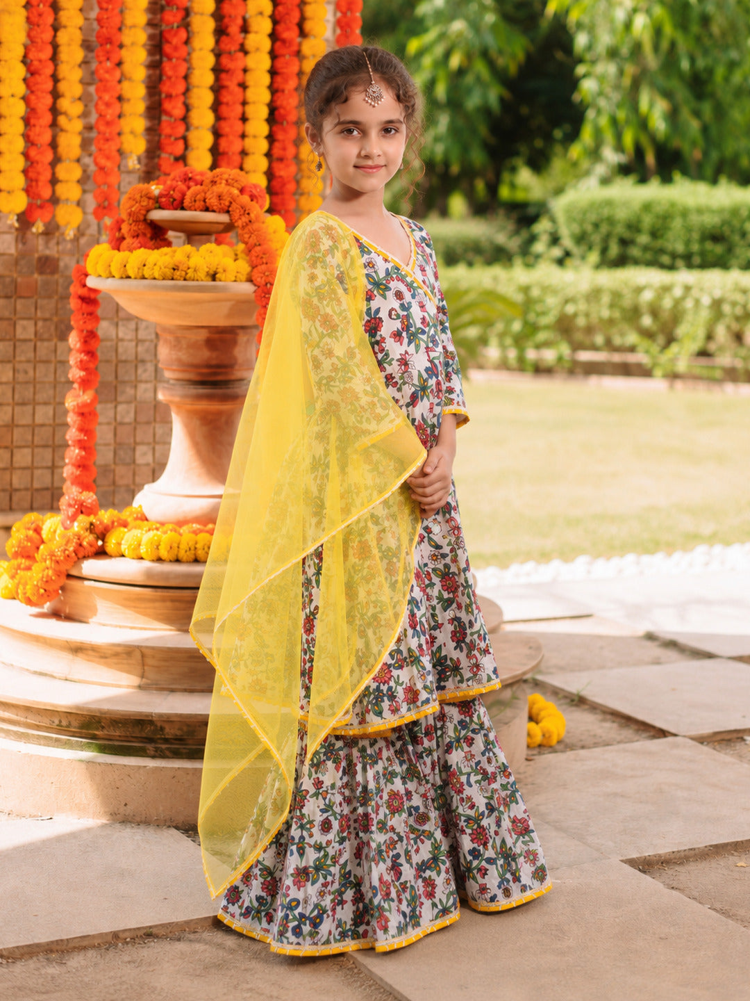 Girls white Floral Printed Kurta with Sharara & Dupatta