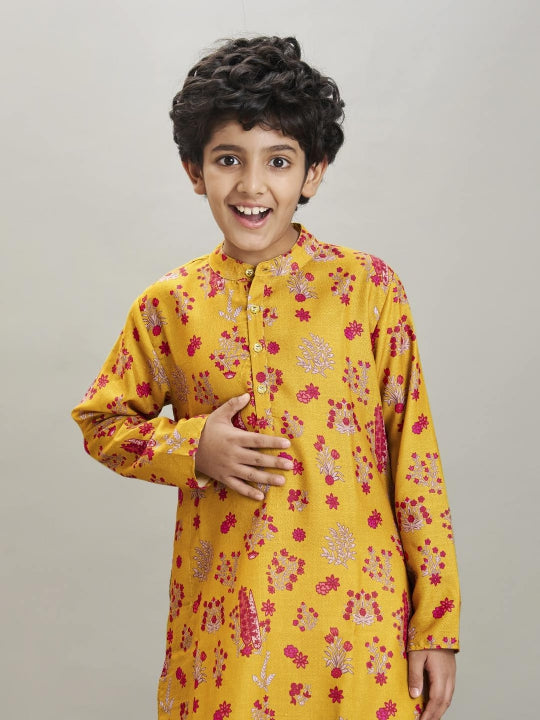 Bittu By Bhama - Boys yellow & red kurta with a white pajama