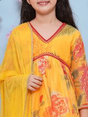 Girls Yellow Floral Printed Alia Design Kurta With Sharara With dupatta