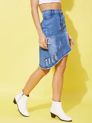 Women's Distressed Denim Slant Skirt