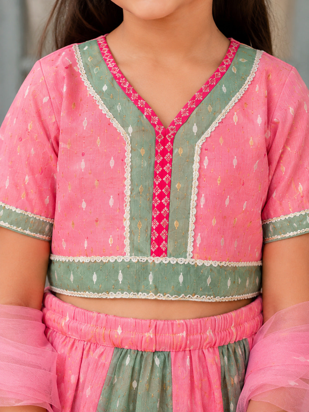 Girls Prach & Green Woven Design with Embroidered Patti Lehenga, Choli, Dupatta