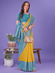Vibrant Yellow & Blue Lichi Silk Saree with Rich Woven Border and Contrast Blouse – Festive & Wedding Wear