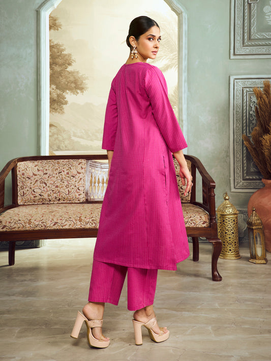 Pink Embroidered Yoke Straight Kurta Set.