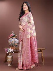 Graceful Beige & Coral Linen Cotton Saree – Lightweight Elegance for Modern Women